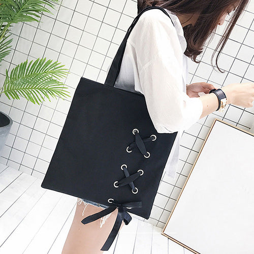 New Women's Casual Lace-up Canvas Tote Bag Female Canvas Shoulder Bags crossbody bags for women Beach bag bolso mujer(Black)