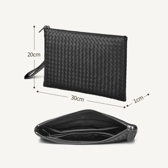 100% Cowhide Leather Men's Clutch Bag Luxury Brand Woven Leather Bag Fashion Design Simple Envelope Bag Large Capacity New Spot