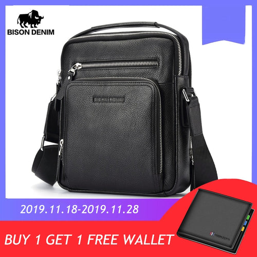 BISON DENIM Genuine Leather Men Bags Ipad Handbags Male Messenger Bag Man Crossbody Shoulder Bag Men's Travel Bags N2333