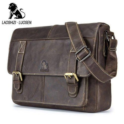 LAOSHIZI LUOSEN Genuine Leather Men Shoulder Bags Vintage Casual Men's Travel Crossbody bags Business ipad Messenger Bags