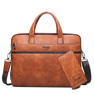 JEEP BULUO Men's Briefcase Bags For 14" Laptop Man Business Bag 2Pcs Set Handbags High Quality Leather Office Shoulder Bags Tote